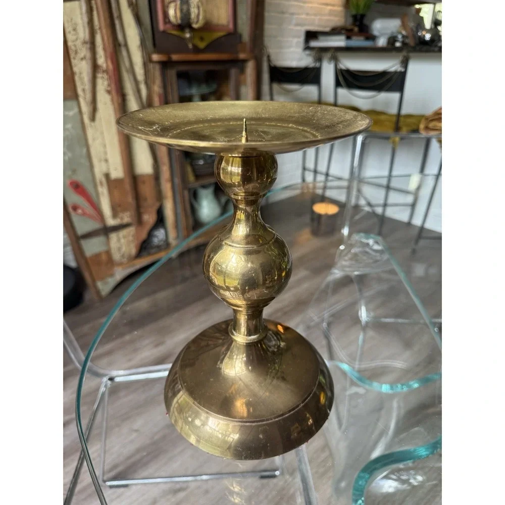 Vintage Solid Brass Bulb Pillar Candle Holders Pair Graduated Hollywood Regency